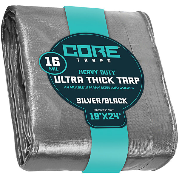 A close up of a silver and black Core Extra Heavy-Duty Weatherproof Poly Tarp with reinforced edges.