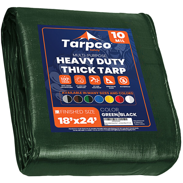 A green Tarpco heavy duty tarp with blue and white text on the label.