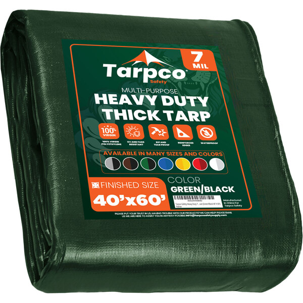 A green Tarpco heavy-duty weatherproof poly tarp with reinforced edges.