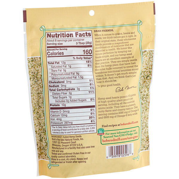 A bag of Bob's Red Mill Gluten-Free Hulled Hemp Seed Hearts with nutrition label.