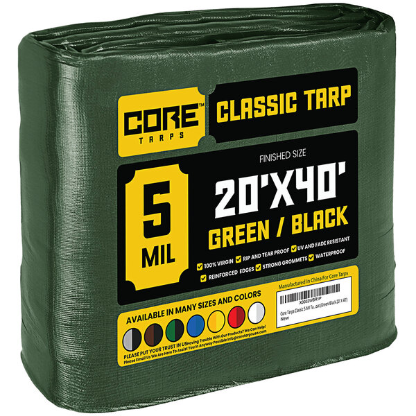 A green Core Classic tarps package with yellow label.