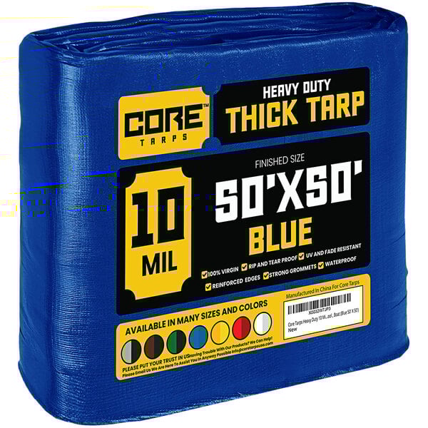 A blue tarp with the words "Core Heavy-Duty Weatherproof" wrapped in plastic.