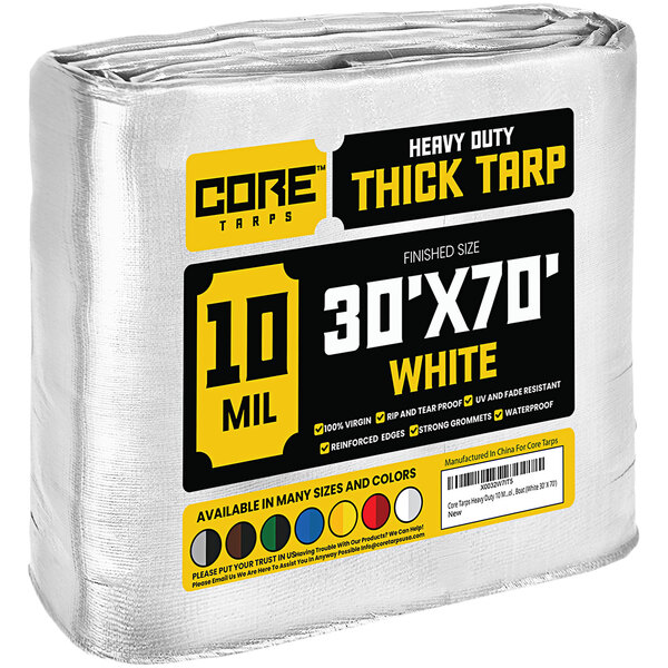 A large roll of white Core Heavy-Duty Weatherproof Poly Tarp with reinforced edges.