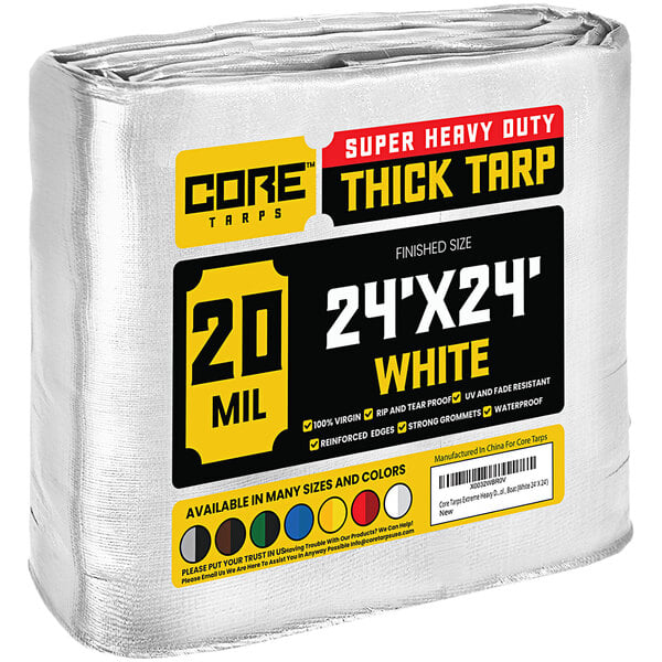 A white Core heavy-duty poly tarp with reinforced edges.
