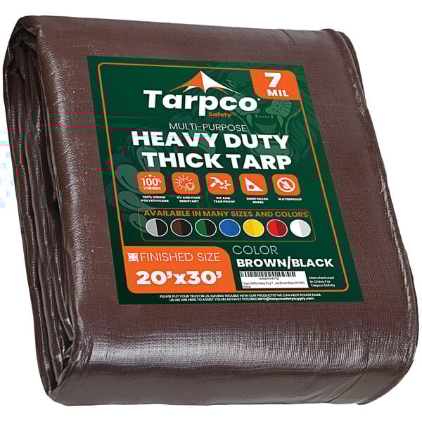 A brown heavy-duty Tarpco poly tarp with reinforced edges.