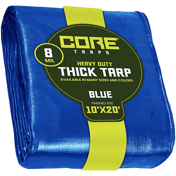 A wrapped package containing a blue Core heavy-duty weatherproof tarp with reinforced edges.