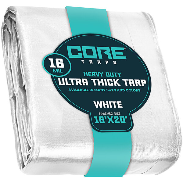 A white Core Extra Heavy-Duty Weatherproof Poly Tarp with blue label and reinforced edges.