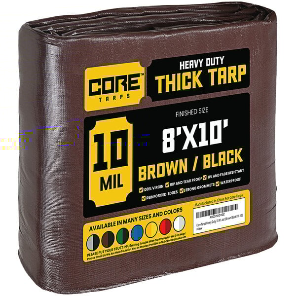 A brown plastic roll of Core 10 mil thick tarp.