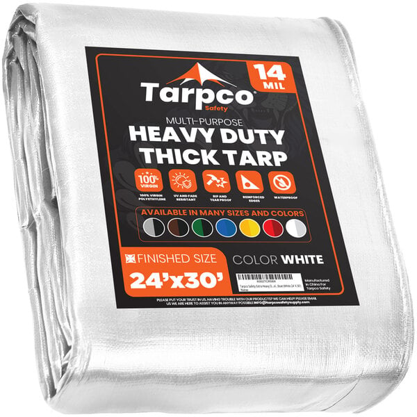 A white Tarpco heavy-duty poly tarp with reinforced edges.