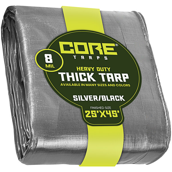 A close up of a silver and black Core Heavy-Duty Poly Tarp with reinforced edges.