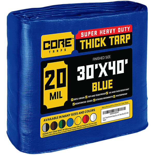 A blue Core heavy-duty 30' x 40' poly tarp in plastic packaging.