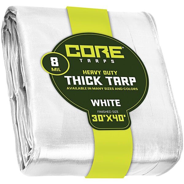 A white package with a white Core Heavy-Duty Weatherproof Poly Tarp with reinforced edges.