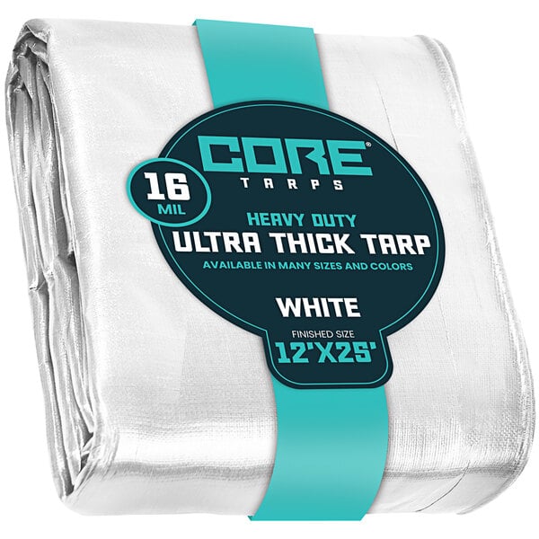 A white Core Extra Heavy-Duty Weatherproof Poly Tarp with blue label.