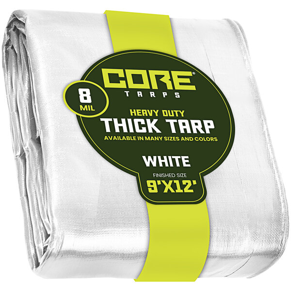A white Core Tarps heavy-duty poly tarp with reinforced edges in yellow packaging.