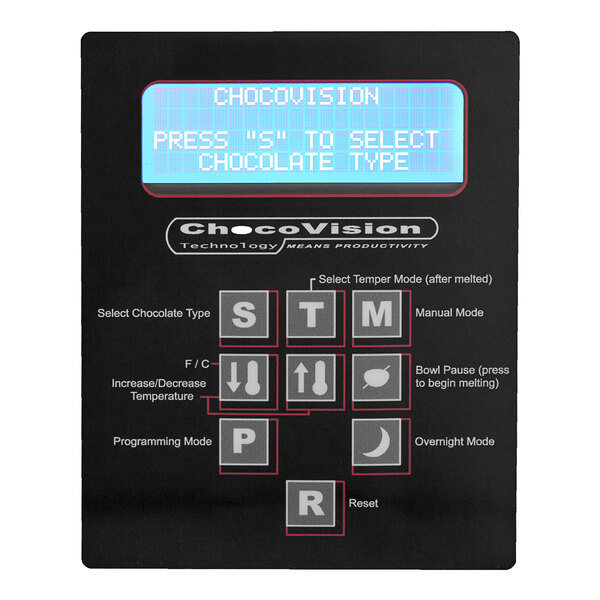 The control panel for a ChocoVision Revolation V chocolate tempering machine with a black rectangular object and white text.
