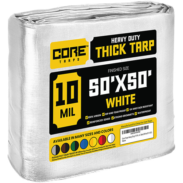 A large roll of white Core Heavy-Duty Weatherproof Poly Tarp with reinforced edges.