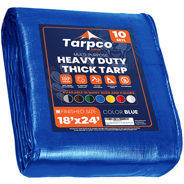 A blue Tarpco heavy-duty weatherproof tarp with white text.