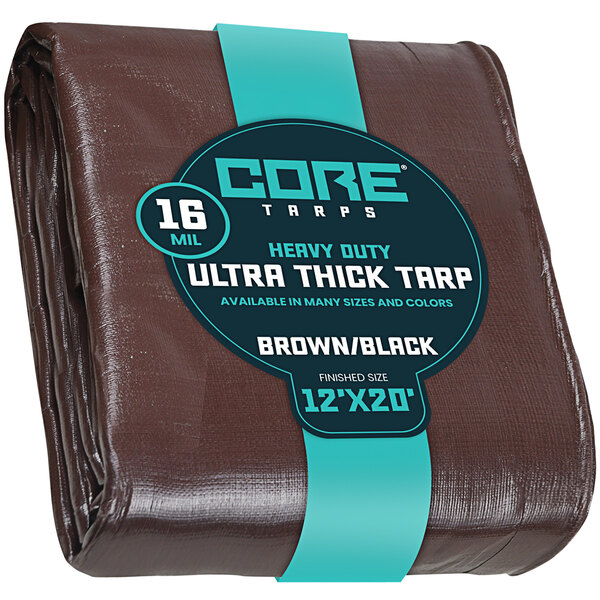 A brown Core 16 mil poly tarp with black reinforced edges and a blue label.