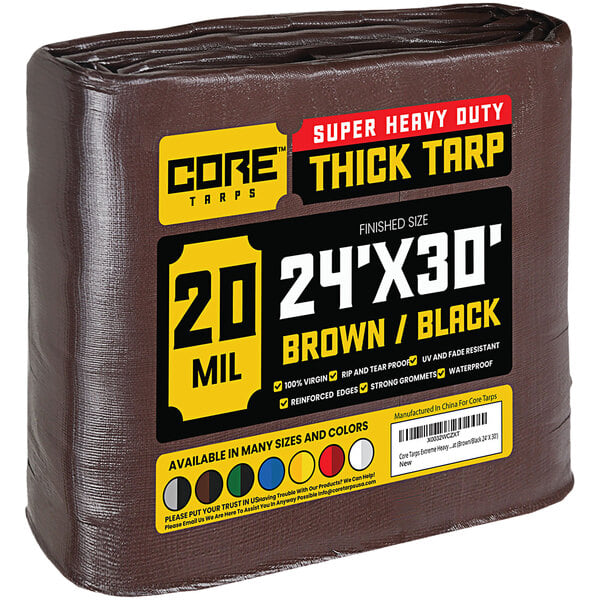 A brown and black Core 20' x 30' heavy-duty poly tarp with reinforced edges.