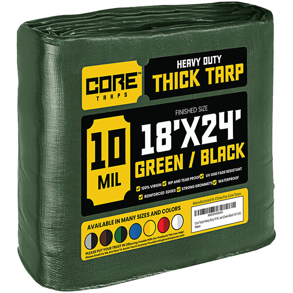 A green and black Core heavy-duty poly tarp with reinforced edges wrapped in plastic.