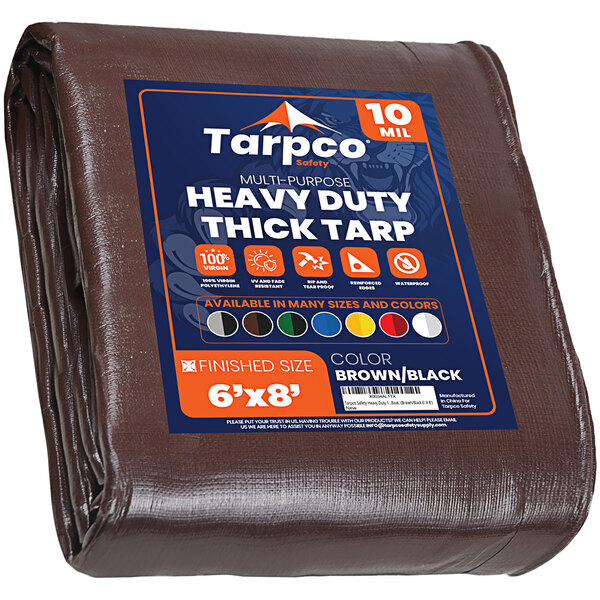 A brown Tarpco heavy-duty weatherproof tarp with reinforced edges.