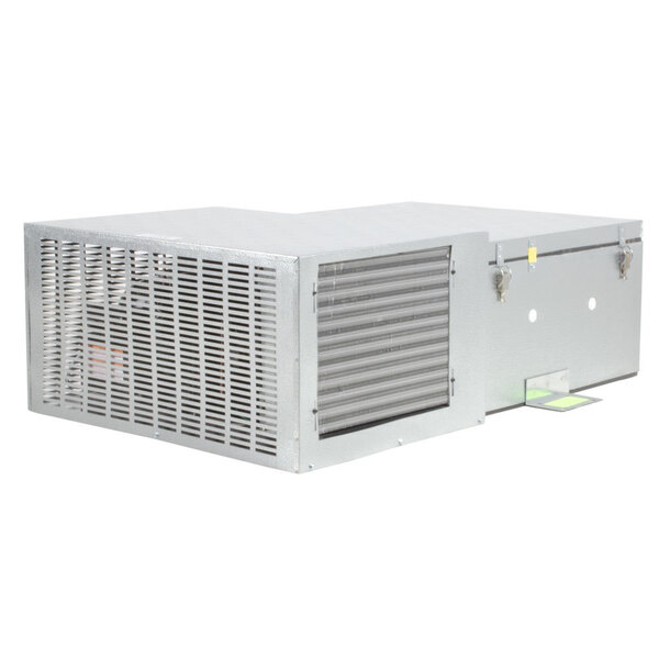 A large, rectangular outdoor walk-in freezer unit with metal vented panels and locking mechanisms.