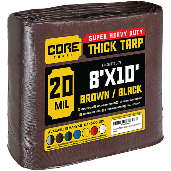 A brown and black Core 20 mil poly tarp with reinforced edges.