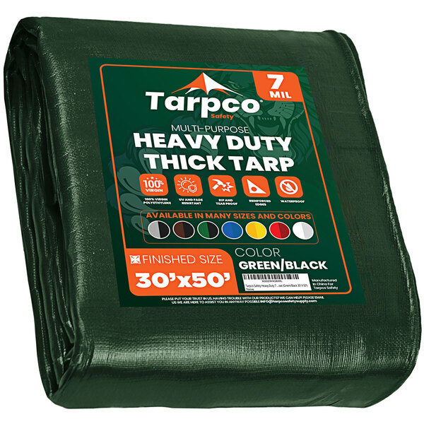 A green Tarpco heavy-duty weatherproof tarp.