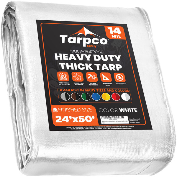 A white Tarpco poly tarp with reinforced edges and black and orange text.