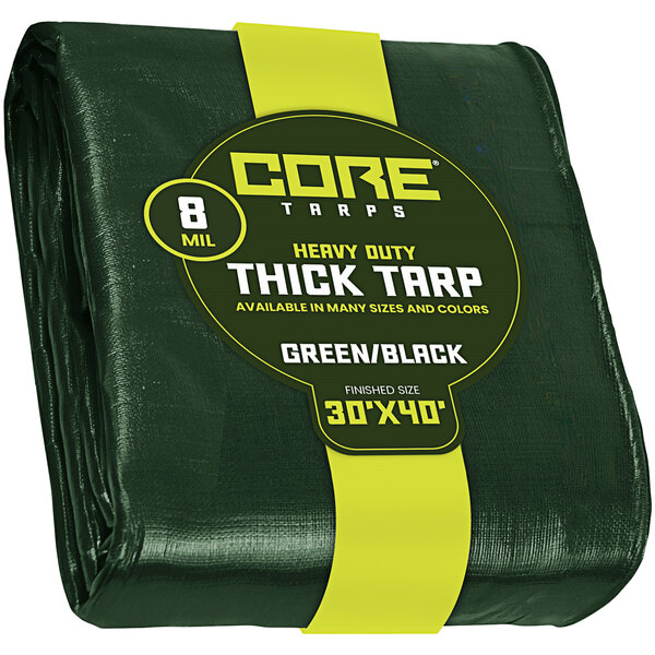 A green Core Poly Tarp with reinforced edges and yellow label packaging.