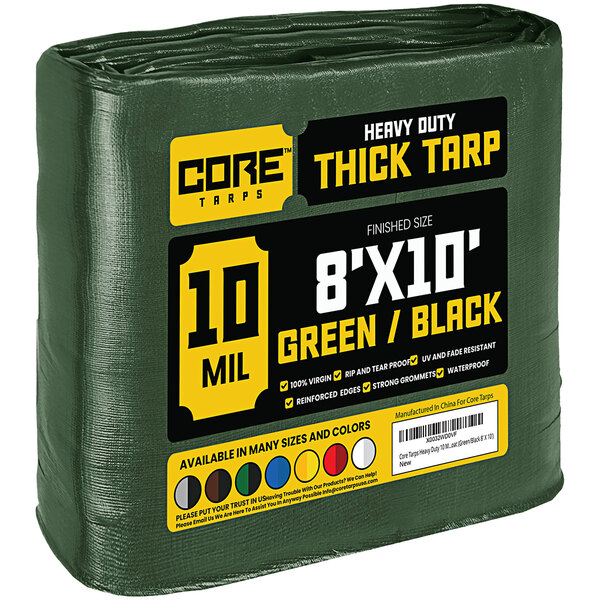 A green and black Core Heavy-Duty Poly Tarp with reinforced edges.