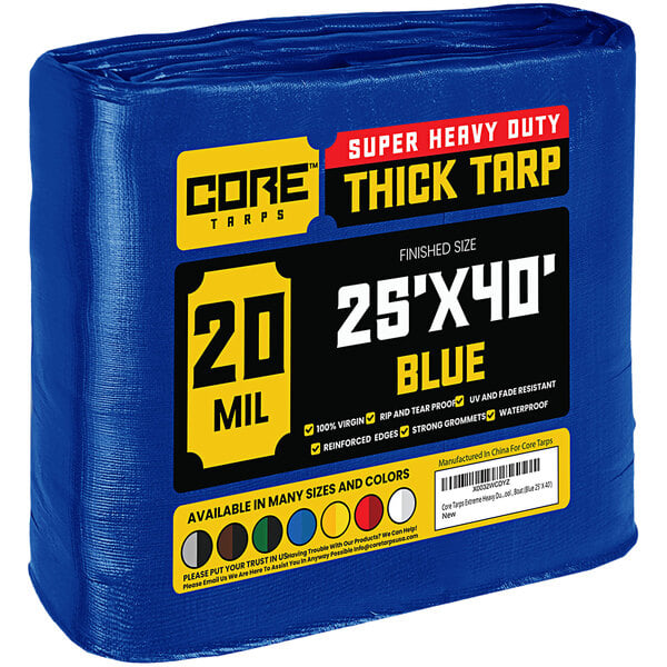 A blue Core Heavy-Duty 20 Mil Poly Tarp with reinforced edges in plastic packaging.