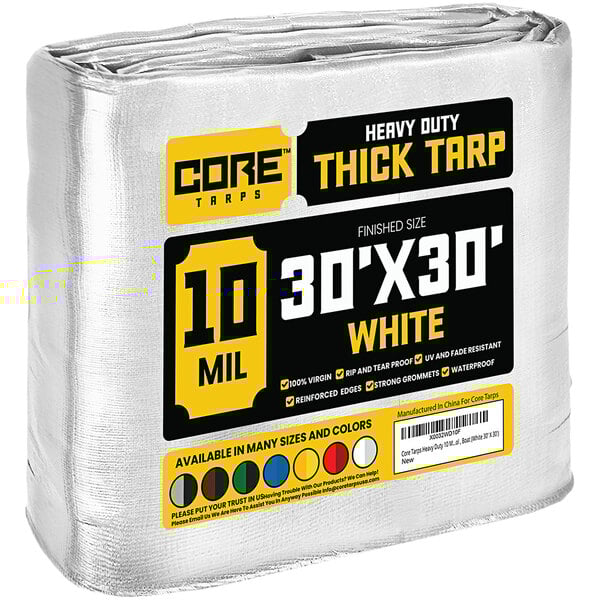 A white Core 30' x 30' heavy-duty poly tarp with reinforced edges.