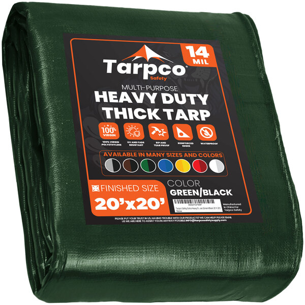 A green Tarpco heavy-duty tarp with white text.