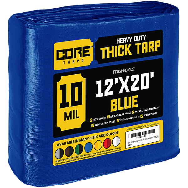 A blue 12' x 20' Core heavy-duty poly tarp wrapped in plastic.