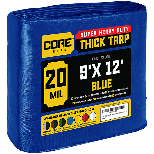 A blue Core heavy-duty weatherproof poly tarp with reinforced edges.