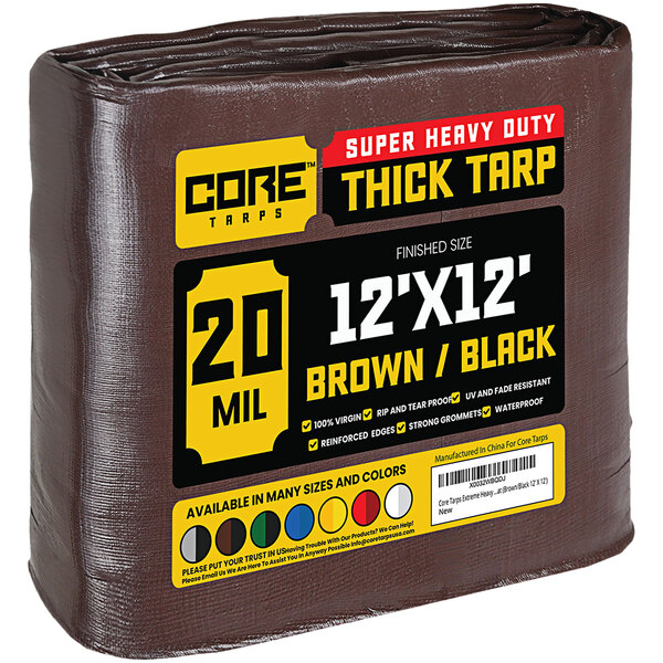 A brown and black Core Heavy-Duty Poly Tarp with reinforced edges.