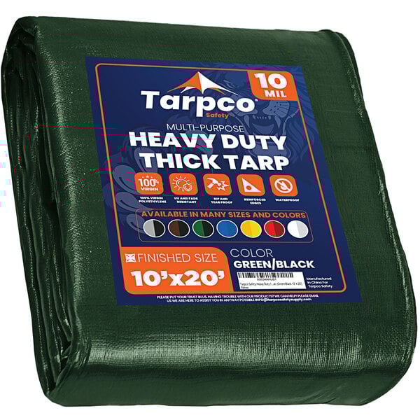 A green tarp with blue and white text that says "Tarpco Safety"
