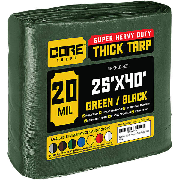 A green and black Core Heavy-Duty Weatherproof Tarp with reinforced edges.
