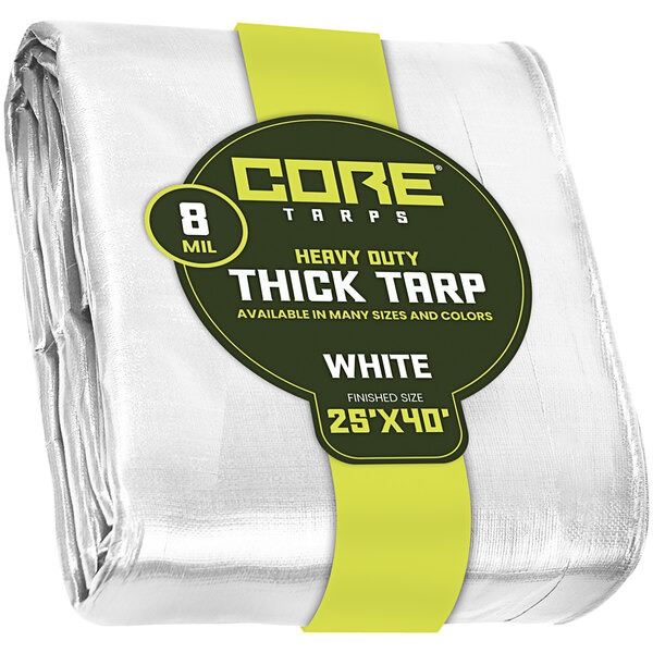 A white package with a yellow label for Core Heavy-Duty White Poly Tarps.