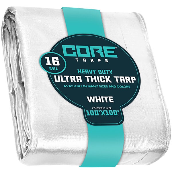 A Core white extra heavy-duty poly tarp with reinforced edges wrapped in blue packaging.