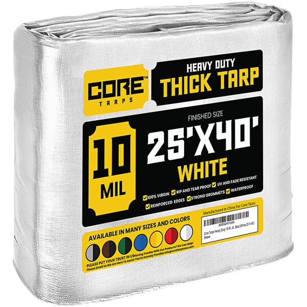 A large roll of white Core heavy-duty weatherproof tarp with reinforced edges.