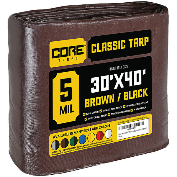 A roll of brown Core Classic weatherproof tarps with reinforced edges.