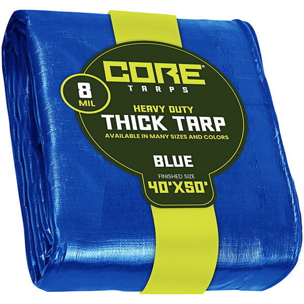 A blue Core 8 Mil Poly tarp with reinforced edges in a package with a yellow band.