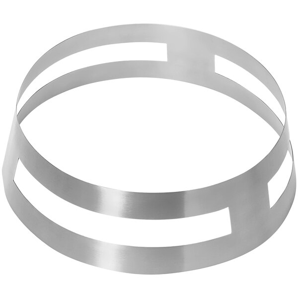 An American Metalcraft stainless steel circular griddle stand with holes.