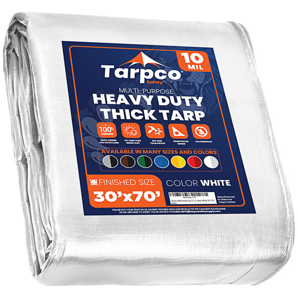 A white Tarpco Safety heavy-duty poly tarp with blue and orange label.