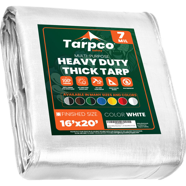 A white Tarpco tarp with green and orange label reading "Safety 16' x 20' White Heavy-Duty Weatherproof 7 Mil Poly Tarp"