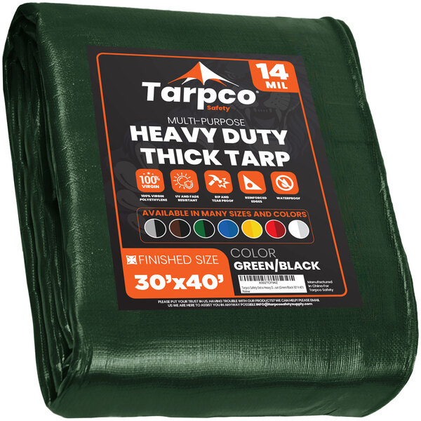 A green Tarpco poly tarp with white text on the label.