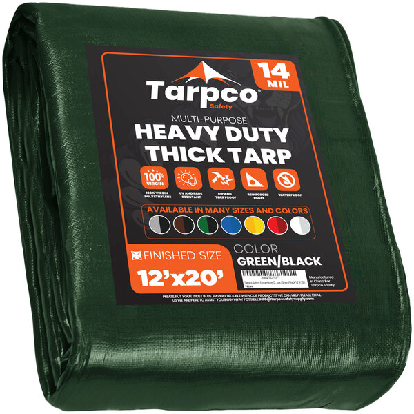 A green Tarpco heavy-duty tarp with white text.