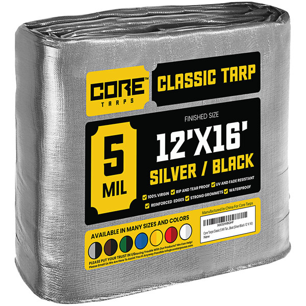 A roll of Core Classic Weatherproof Silver and Black Poly Tarp material with reinforced edges.